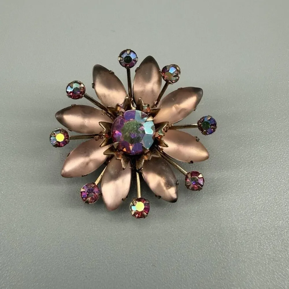 Vintage Pink Satin Glass Flower Brooch AB Rhinestones Petals Gold Tone Floral